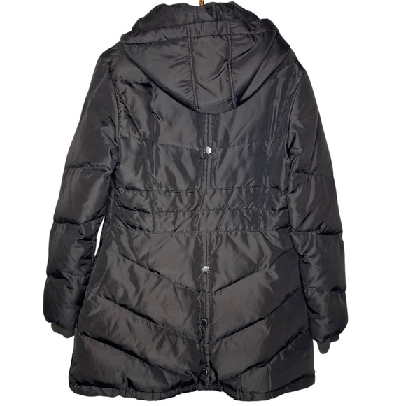 Happy Goat Black Long Down Puffer Coat Size M High Collar Hood Water Resistant - Picture 4 of 15